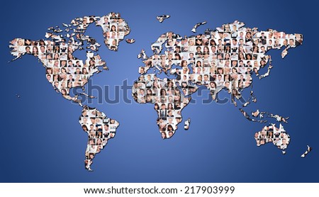 Large set of various business images on world map