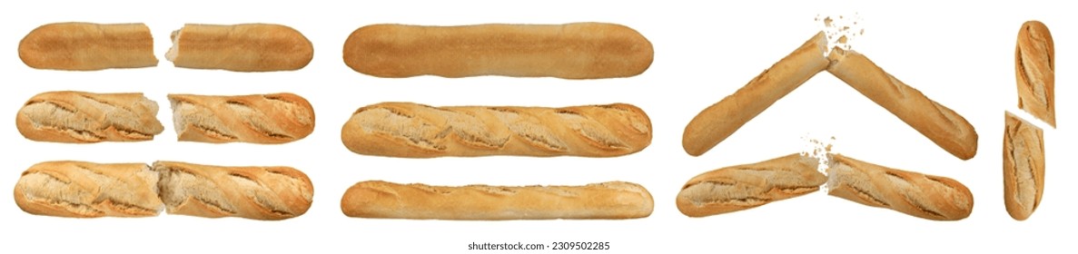 A large set of white long bread on a white isolated background. White bread baguette, broken in half. Photo to insert into a design or project.