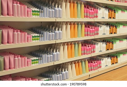 Large Shelf Inside Retail Store With Cosmetic Products