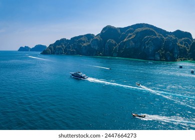 Large ship ferry from Phuket to Phi Phi, Krabi Thailand. Amazing travel landscape photo in Thai.