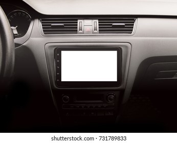 Large Size Navigation Device In Modern Car Interior Design. Isolated Display Of Multimedia And GPS System On Automobile Dashboard Console. Close-up View. Mockup For Road Direction Or Notification.