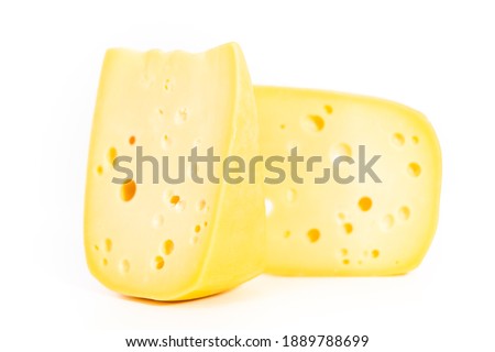 Large slice of semi soft part skim cheese on a white background.