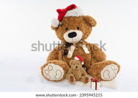 a large and a small brown plush teddy bear sit in the studio in front of white background, both wear traditional Christmas caps, a small parcel stands in front of them