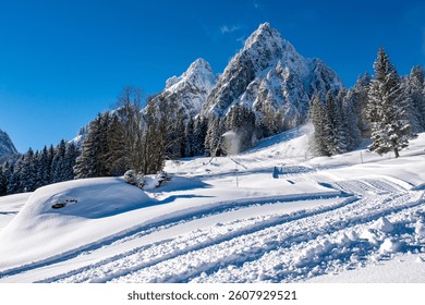 The large and small Mythen mountains photographed on a snowshoe tour at Haggenegg. With a freshly snow-covered landscape and the approaching sunset. Grosser Mythen, Kleiner Mythen, im Kanton Schwyz.