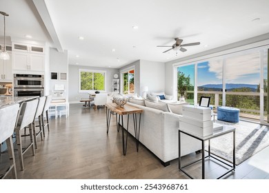 large and spacious open concept kitchen with large island stainless appliances bright sunny room interior workspace for family cooking and dining