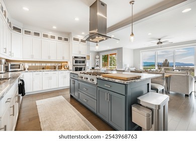 large and spacious open concept kitchen with large island stainless appliances bright sunny room interior workspace for family cooking and dining - Powered by Shutterstock - Get 15% off with code: PIKWIZARD15