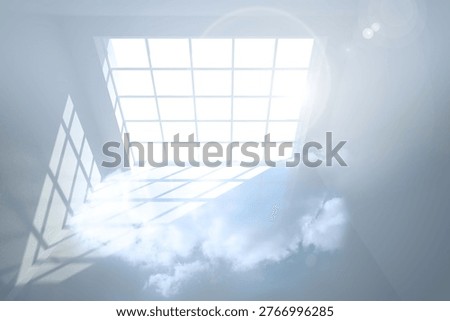 Large square skylight is casting grid shadows and sunbeams in flat design interior, with mist patch. Lightwell, lattice, sunrays, flare, haze, clerestory, minimalism