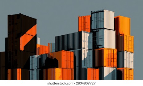 A large stack of colorful shipping containers, predominantly orange and blue, are piled high in a port. Dramatic shadows and highlights suggest a low sun angle.