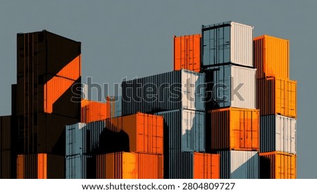 A large stack of colorful shipping containers, predominantly orange and blue, are piled high in a port. Dramatic shadows and highlights suggest a low sun angle.
