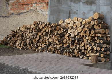 Large Stack of Cut Firewood Piled Against a Gray Concrete and Brick Wall