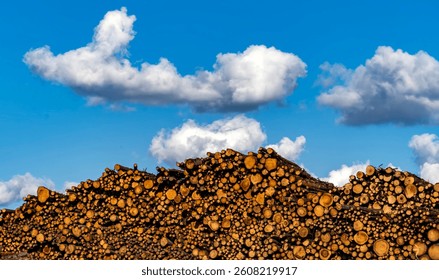 A large stack of cut logs under a blue sky with scattered clouds.