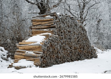 A large stack of firewood covered with snow sits in a winter landscape with frosty trees.