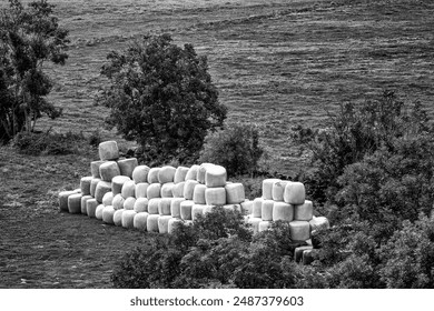 A large stack of hay bales sits in a field near the village of Tourzel-Ronzieres, France. - Powered by Shutterstock