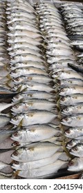 A Large Stack Of Mackerel Fish In Vertical Arrangement In Asian Wet Market