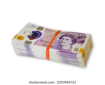 Large stack of money in the form of 20 British pound notes amounting to thousands in cash against a white cutout background