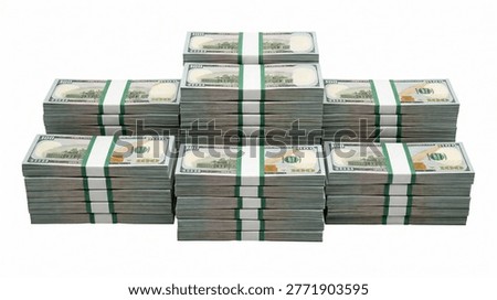 A large stack of US hundred dollar bills, neatly bundled and arranged in a pyramid shape against a white background. The money represents wealth and financial abundance.
