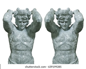 Large statue of stone marble male atlant holding sky