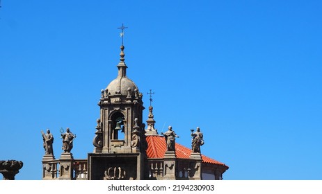large statues culminating the facade of the church of san fructuoso in santiago de compostela, represent the four virtues of temperance, justice, prudence and fortitude, la coruña, galicia, spain, eur - Shutterstock ID 2194230903