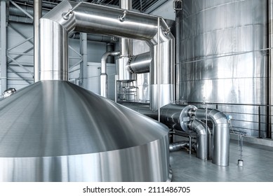 Large Steel Tanks For Yeast Fermentation. Industrial Production Of Beer And Alcohol