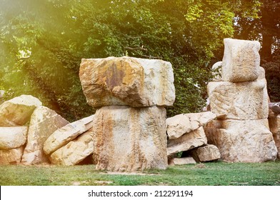 Large stone blocks in sunset.