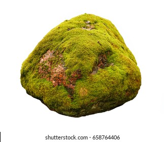 Large Stone Covered With Green Moss Isolated On White Background.