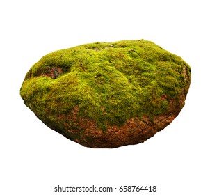 Large Stone Covered With Green Moss Isolated On White Background Oval Forms