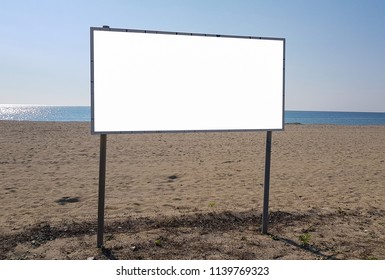 Large Summer Billboard Banner Poster Mock Up On The Sandy Beach.Empty White Isolated Template Clipping Path