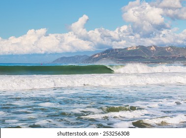 Large surf and waves breaking along the Ventura county, California coastline just south of Ventura harbor.
