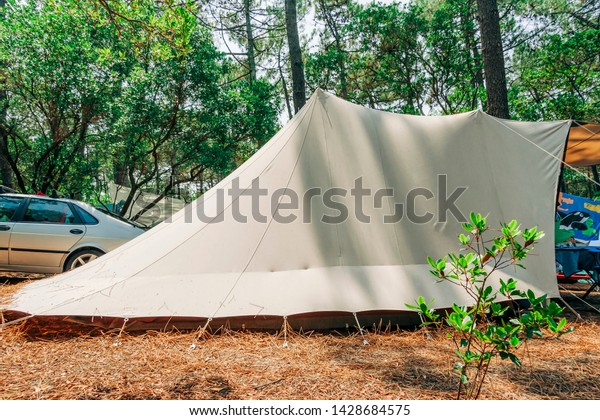 Large tent on campground in forest - Cap Ferret,\
Aquitaine, France