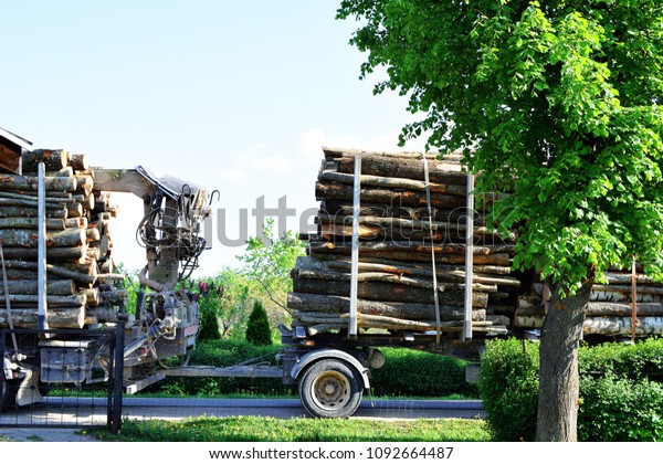 Large timber transport truck with stack of\
tree logs on small road near to\
house.\
