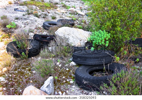 Large tires abandoned\
in an illegal dump