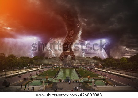 Large tornados destroying the Eiffel Tower in Paris