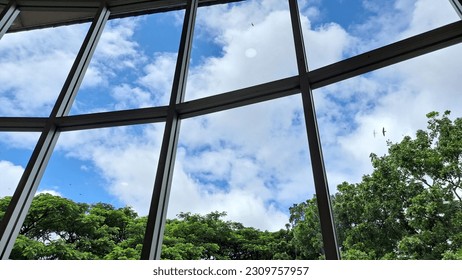 Large transparent window with a blue cloudy sky, with a little bird