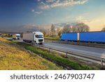 Large Transportation Truck on a highway road through the countryside at sunset