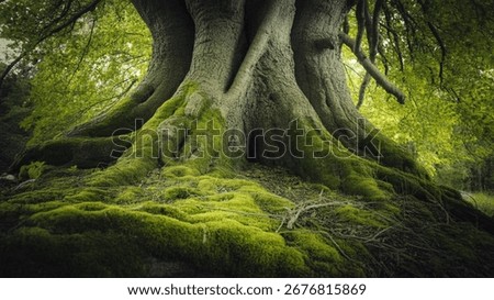 A large tree with moss-covered roots dominates the scene, illuminated by soft light.