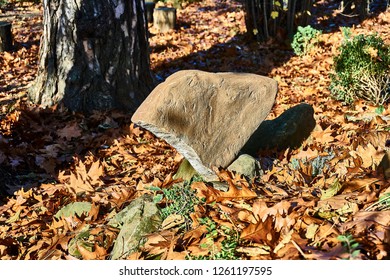 A large triangular stone stands one peak on another stone. Close-up. Multicolored stones against the yellow and orange leaves of red oak and Pizundsky pine bark. Nature concept for design.