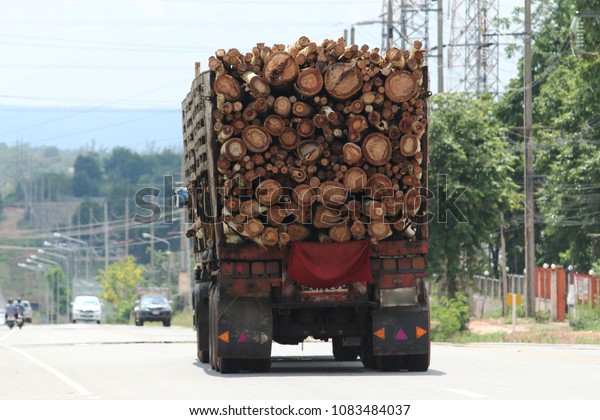  Large truck\
transporting wood on the road