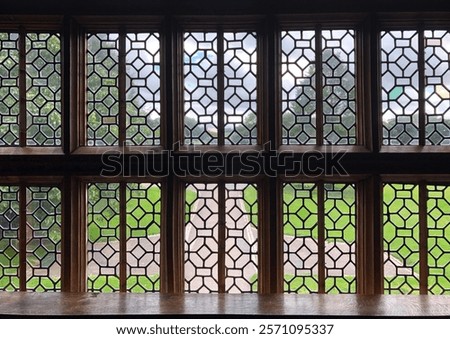 Large Tudor window panes with a view of the garden