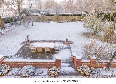 Large UK Back Garden Covered In Snow In Winter. Snowy Backyard Scene