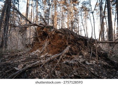 Large uprooted tree with massive root system and soil in a sunlit pine forest