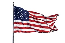 Stor Amerikansk Flagga ”Old Glory” Blåser I En Stark Vind På En Molnfri Dag - Isolerad På Vit Bakgrund