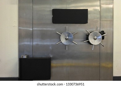 Large Vault Door In A Bank Safe Room. No People. Copy Space