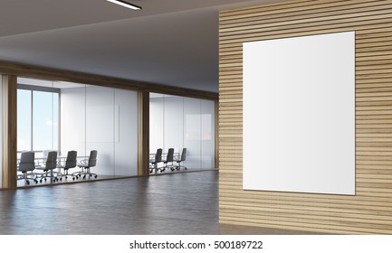 Large Vertical Poster Hanging On Wooden Wall In Corridor With Two Conference Rooms. 3d Rendering. Mock Up