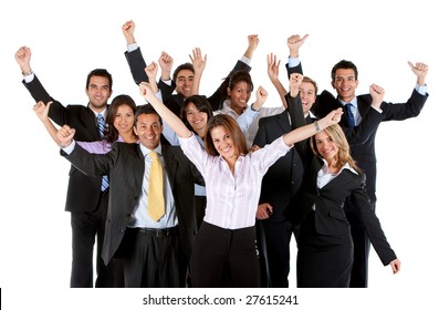 Large and very happy business group isolated over a white background