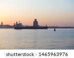 Large vessel going down the River Mersey at sunset on a lovely evening