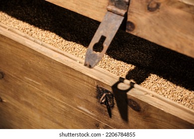 A Large Vintage Grain Bin Storage Chest. Theme Of The Problem Of Export Of Wheat From Ukraine. ANTIQUE GRAIN CHEST.