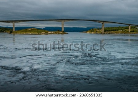 Large vortices, whirlpools or maelstroms in Saltstraumen strait with one of the strongest tidal currents in the world, near Bodø in Nordland county, Norway.