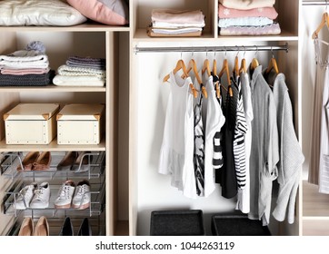 Large Wardrobe Closet With Different Clothes, Home Stuff And Shoes