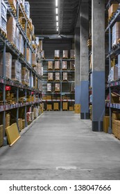 Large warehouse interior with a lot of cargo on the shelves