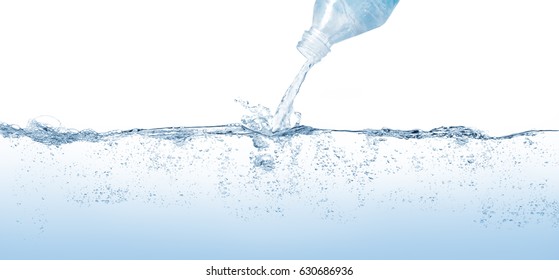 Large water surface and bottle pouring water with splashing effect. Blue color background